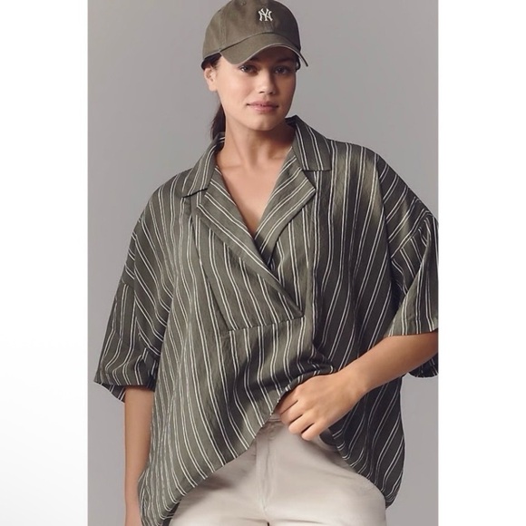 Anthropologie Tops - Anthropologie The Dylon Short Sleeve Wide Placket Blouse Green Stripe Large